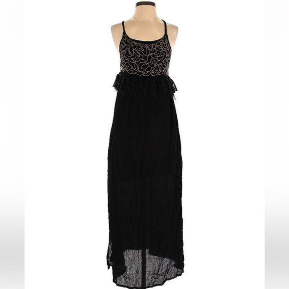 Raga Dominca Black Tassel Maxi Gauze Boho Dress With Gold Beaded Bodice Sz S - Picture 1 of 12